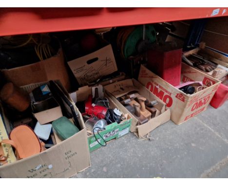 6 boxes of various garage ware and collectables including planes, tools, jerry can, binoculars, etc 