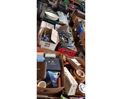 8 boxes of miscellaneous ceramics, glass, ornaments, musical instruments, 45s, treen, cutlery, pottery, Beswick, Aynsley, Roy