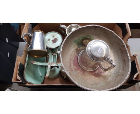 A mixed lot comprising boating interest tankards, footed bowl, vintage scales, mixer tap/shower, etc. 