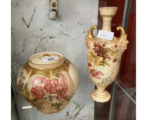 A tall Royal Worcester blush ivory twin handled vase c1899, height appx 26cm and a lidded pot pourri jar with green factory m