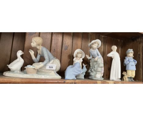 2 Lladro figurines including ‘Feeding the Ducks’ (length of base 23cm) with 3 other figurines by Nao 