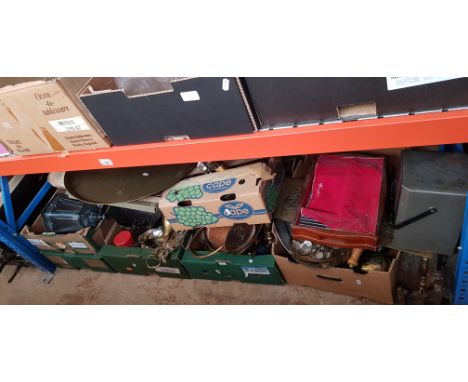 5 boxes of various items including metal ware, brass, cutlery, few coins, trophies, a large brass charger / table top, outdoo