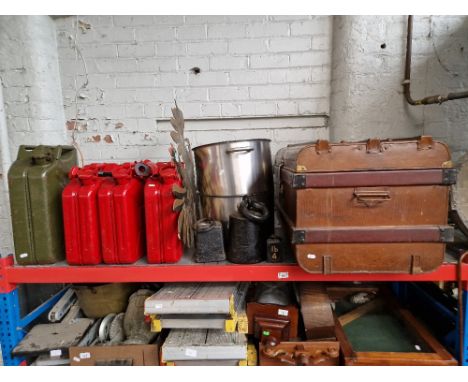 A vintage tin trunk, two stainless steel large pans, 3 imperial weights, a metal ornament and 4 jerry cans. 