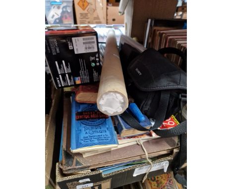 A box of books, vintage Bartholomew's canvas maps, movie and music posters to include Led Zeppelin, a camera, a vintage ice a