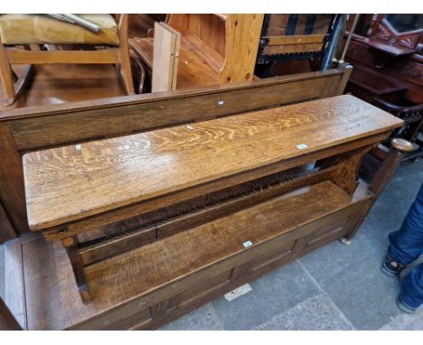 An aged oak bench. Height 46cm, length 152cm and depth 33cm.