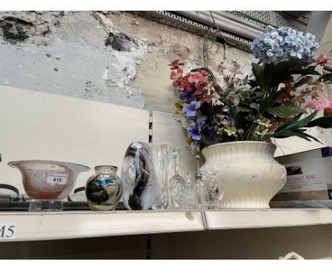 A mixed lot comprising art glass vases and bowl, cut glass bells, ceramic planter with silk flowers, etc. 