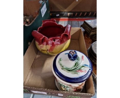 Antique Majolica tobacco jar with satyr mask heads and planter. 