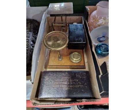 Antique brass postal letter scales, Casartelli yarn balance and weights. 
