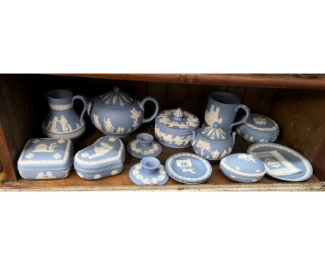 Wedgwood jasper wares - teapot and covered sugar basin with 12 further pieces including egg, jug etc.&nbsp;Condition - good, 