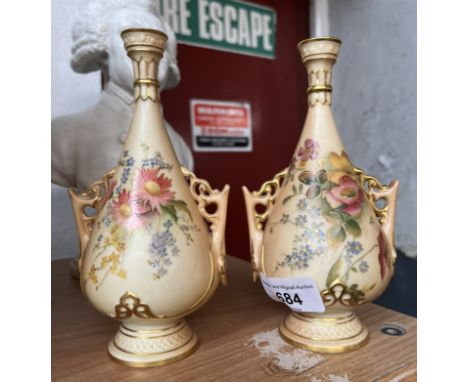 A pair of Royal Worcester blush ivory twin handled bulbous vases, height appx 16cm, date c1902 