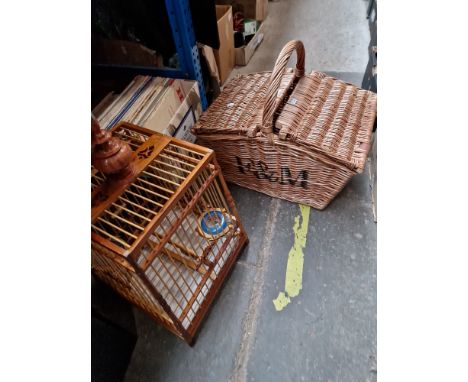 Fortnum &amp; Mason wicker hamper basket and a bird cage. 