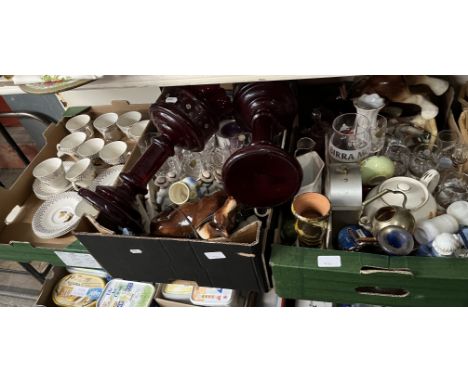 Three boxes of mixed ceramics including Portland Riad Pottery tea set, glass ware, ruby coloured glass, horse figures, glassw