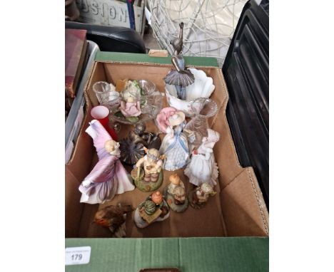 A box of collectables including Royal Doulton figure "Isadora", Wedgwood figures, Goebel figures, glass bowl, vases, etc. 