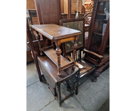 Various items of furniture; oak drop leaf table, oak occasional table, tapestry fire screen and an oak armchair.