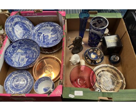 Two boxes of mixed ceramics and glass to include Copeland Spode Italian bowl, blue and white Abbey bowl, Spode Italian breakf