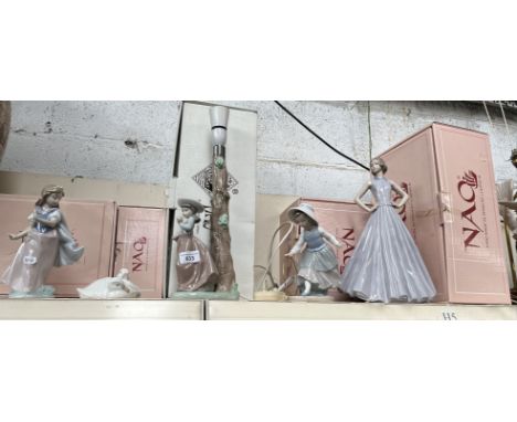 Lladro girl figurine, together with 4 Nao figures - geese, lamp, girl with hoop, and tall lady appx 25cm 