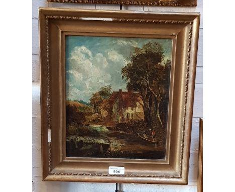 After John Constable RA (1776-1837), oil on canvas, river scene with figures on a boat and cattle watering, 24cm x 29cm, sign
