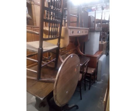 Various items of furniture; oak dining table and chairs, yew wood sofa table, oak snap top table, yew wood chest of drawers, 