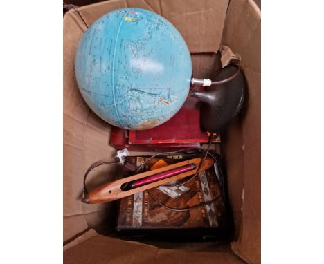 A box of miscellaneous including an illuminated globe, mother of pearl inlaid box, flying shuttle, bellows camera, etc. 