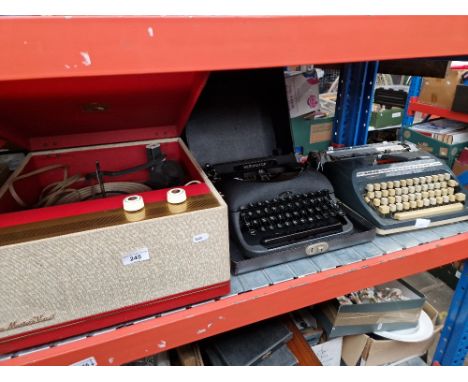 HMV record player together with 2 typewriters. 