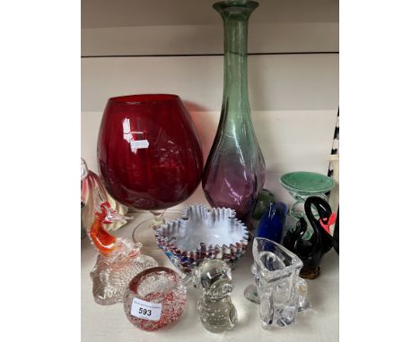 Art glass - 10 items including fish, dolphin, large brandy glass etc.  Tallest item 49cm 