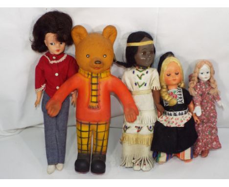 Dolls - a mixed lot to include three small dolls approx 20 cm (h), a fully dressed Sindy doll and a plastic Rupert the Bear v