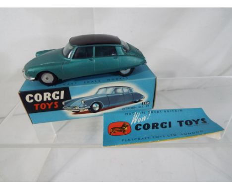 Corgi - Citroen D.S. 19 # 210 comprising metallic dark green body, black roof and spun hubs, (m in mb) with marketing leaflet