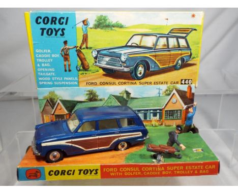 Corgi - #440 Ford Consul Cortina Super Estate Car, golfer, caddie boy, trolley and golf bag, model nm with some marks, box e 