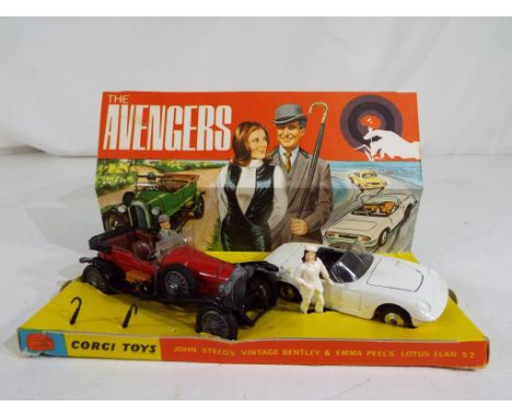 Corgi Toys - The Avengers gift set # 40, vintage Bentley and Lotus Elan S2 with John Steed (with one arm missing) and Emma St