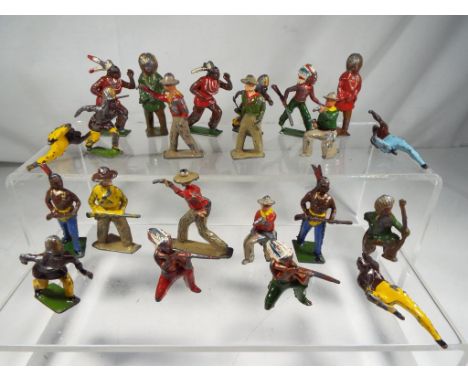 Lead Soldiers - twenty two vintage figures by John Hill and Co featuring native American Indians and cowboys in playworn cond