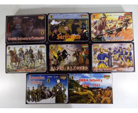 Model Soldiers - eight sets of 1:72 scale Strelets plastic Model Soldiers, packs appear predominantly still sealed, opened pa