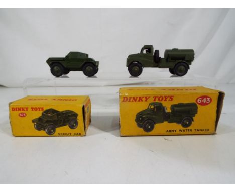 Dinky Toys - Two Dinky Toys military vehicles comprising # 643 Army Water Tanker in green with green hubs contained in origin