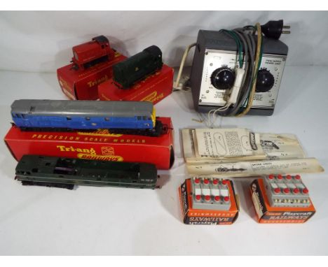 Model Railways - Tri-Ang three locomotives in original boxes, plus power supply unti and electric point controllers, please n