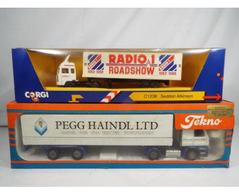 Takno and Corgi - two diecast trucks in original boxes comprising a Takno 1:50 scale Scania 92M promotional model and a Corgi