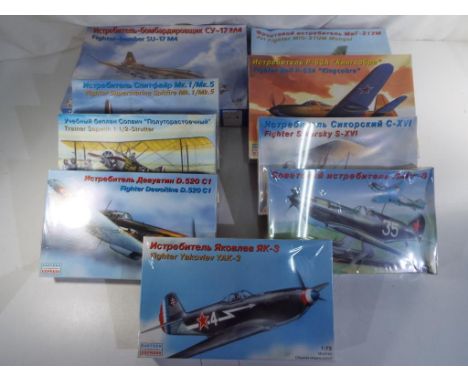 Model kits - nine 1:72 scale aeroplane kits by Eastern Express most still sealed comprising #72281 Mark 1 Spitfire, #72280 Fi