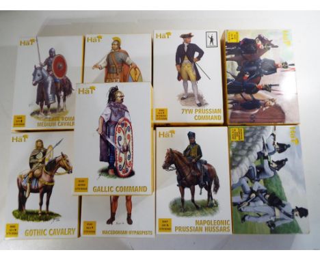 Model Figures - nine boxes of 1:7 figures by Hat comprising 8008 Napoleonic Brunswik Avant Garde, 8005 1815 Prussian Uhlans a