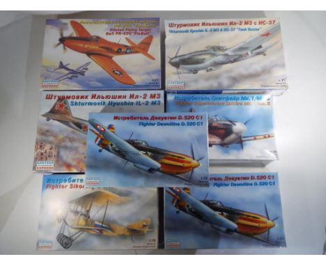 Model kits - seven 1:72 scale aeroplane kits by Eastern Express, most still sealed comprising #72280 Fighter Dewoitine, #7228