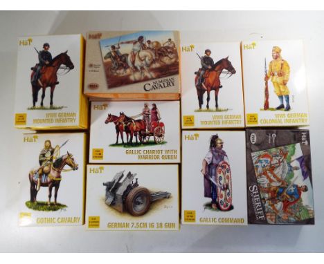 Model Figures - eleven 1:72 scale figures by Hat comprising 8120 WWII German Mounted Infantry x 3, 8085 Gothic Cavalry and 81