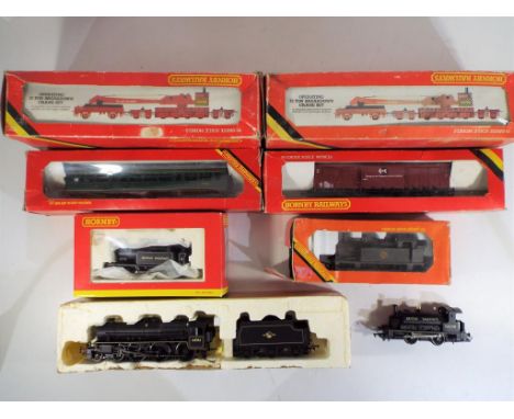 Model Railways - a good selection of Hornby OO gauge rolling stock to include four steam locos, two breakdown cranes ref R739