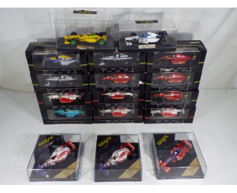 Onyx - seventeen 1:43 scale Formula One and Indy racing cars, models in g to m condition, boxes vg to e Est £20 - £40