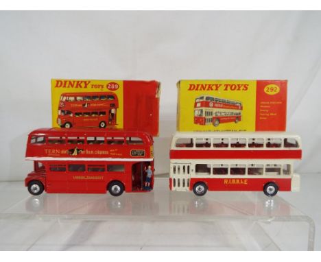 Dinky Toys - Two diecast model buses by Dinky Toys comprising # 289 Routemaster bus (stripe of white paint added) with Conduc