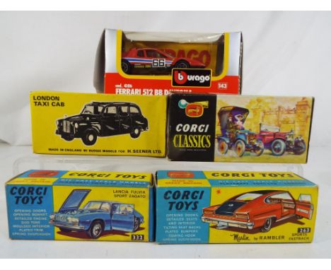 Budgie, Corgi and Burago - five diecast vehicles in original boxes comprising Corgi #263 Marlin Rambler (broken windscreen an