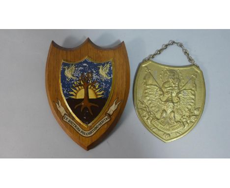 A Vintage School Crest on Shield Plinth, Together with a Polish Brass Example 