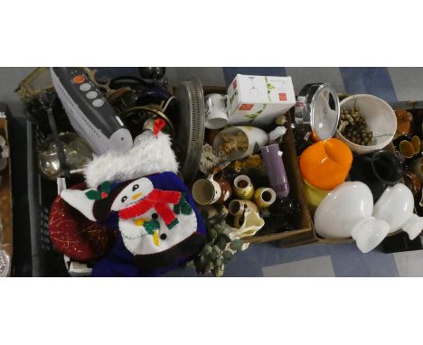 Three Boxes of Sundries to Include Ornaments, Glass Lamp Shades, Shaving Mirror, Heater, Lamps etc 