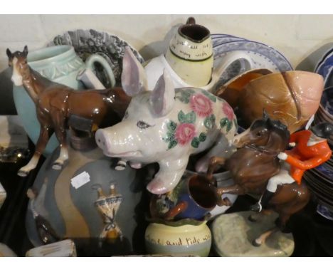 A Collection of Ceramics to Include Ceramic Floral Decorated Pig, Beswick Huntsman no. 868 and Horse (Both Af) Novelty Stonew