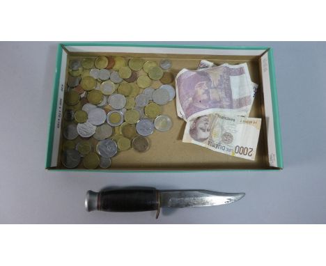 A Tray Containing Italian, French and Belgian Bank Notes, European Coins and a Hunting Knife 