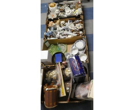 Four Boxes Containing Various Ceramic Ornaments, Souvenir Thimbles, Teawares, Dinnerwares, Teawares, Teddy Bear Collection Or