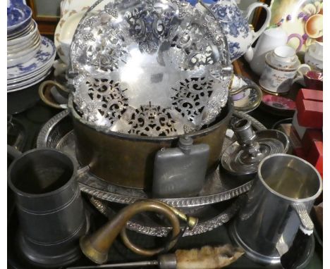 A Collection of Metalwares to Include Silver Plated Pierced Berry Dish, Oval Galleried Tray, Copper Planter, Chamber Stick, O