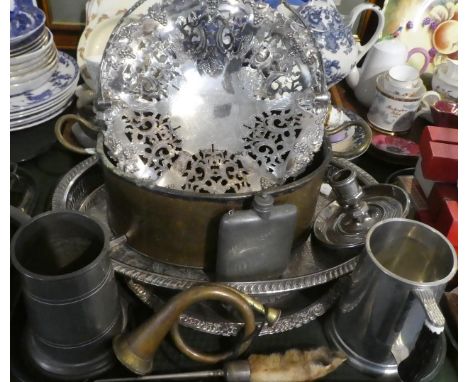 A Collection of Metalwares to Include Silver Plated Pierced Berry Dish, Oval Galleried Tray, Copper Planter, Chamber Stick, O