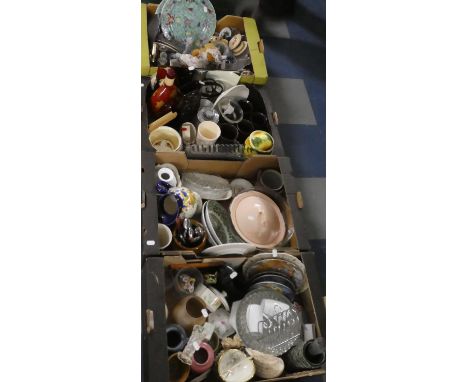 Four Boxes Containing Various Ceramic, Glassware, Ornaments, Decorated Plates, Cruet Set Etc 